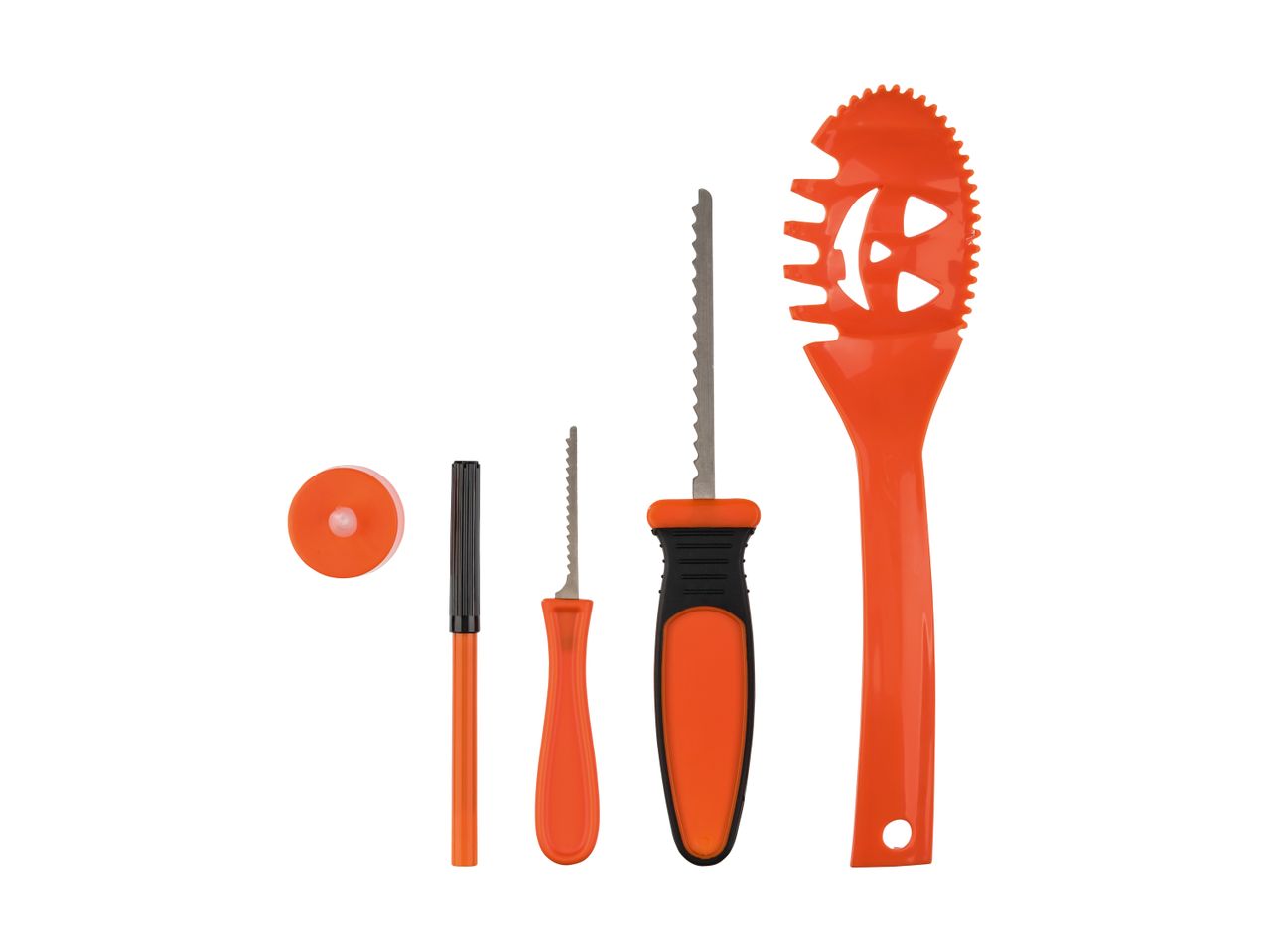 Pumpkin carving kit with various orange and black tools, including saws, a scoop, and a marker.