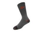 A single grey sock with an orange logo and orange accents on the heel and toe.