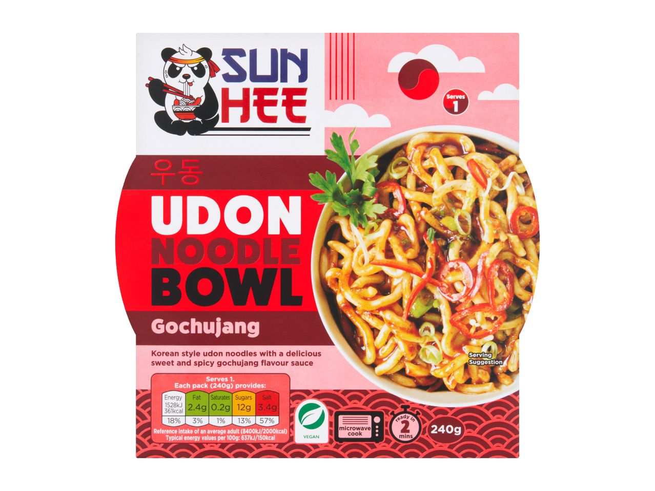 Udon noodle bowl with gochujang sauce, showing nutritional information and cooking instructions.