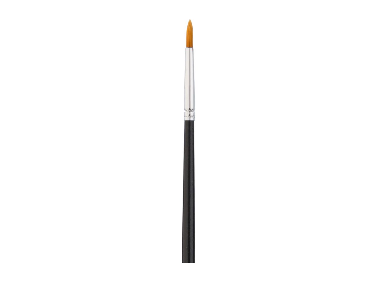 A single, thin artist's paintbrush with a black handle, silver ferrule, and orange bristles.