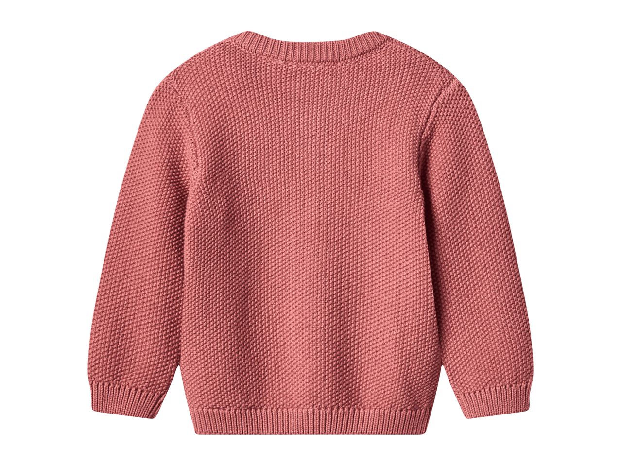 Back view of a pink knitted sweater with a textured pattern.