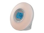 A white and gray sunrise alarm clock with a blue digital display.