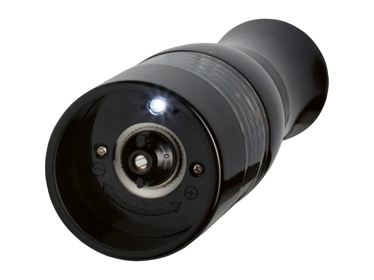 Bottom view of an electric salt or pepper mill with built-in light and coarseness dial