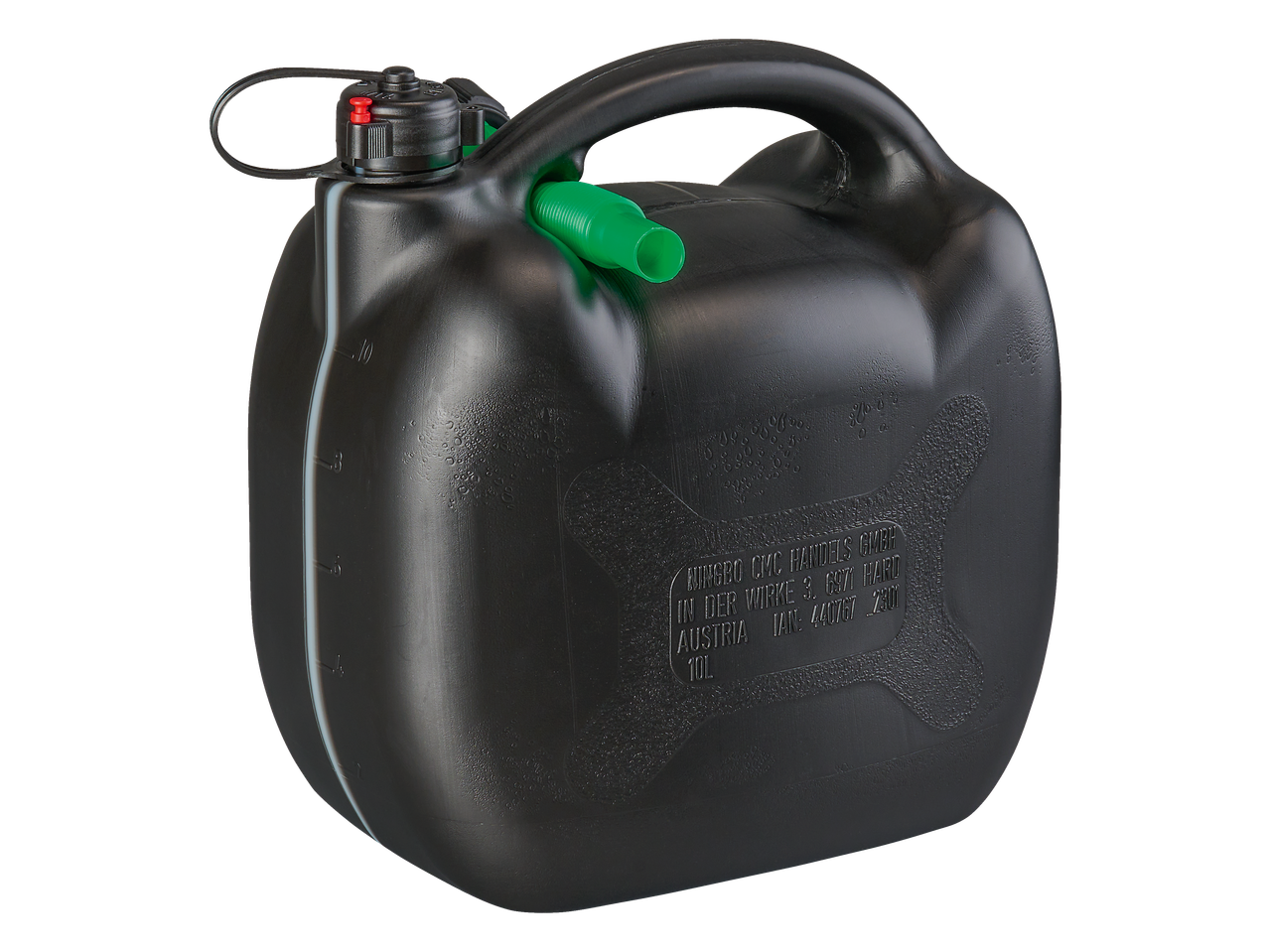 Schwarzer 10-Liter-Kraftstoffkanister mit grünem Ausgießer und rotem Knopf.