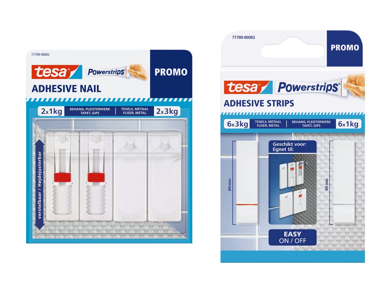 tesa Powerstrips: Pakker med klæbende søm og strimler til vægophængning.