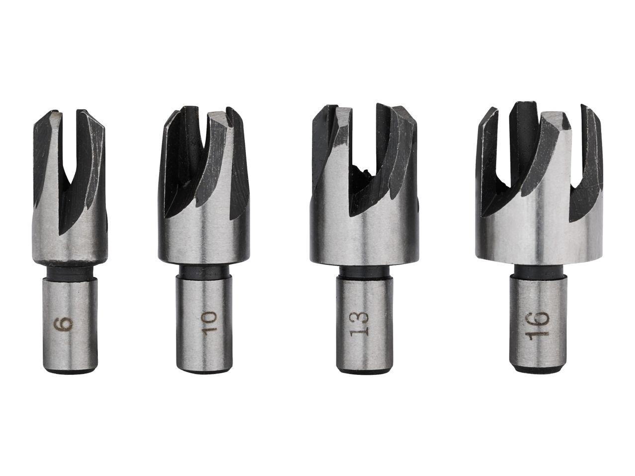 Set of four metal plug cutters, sizes 6, 10, 13, and 16, on a white background.