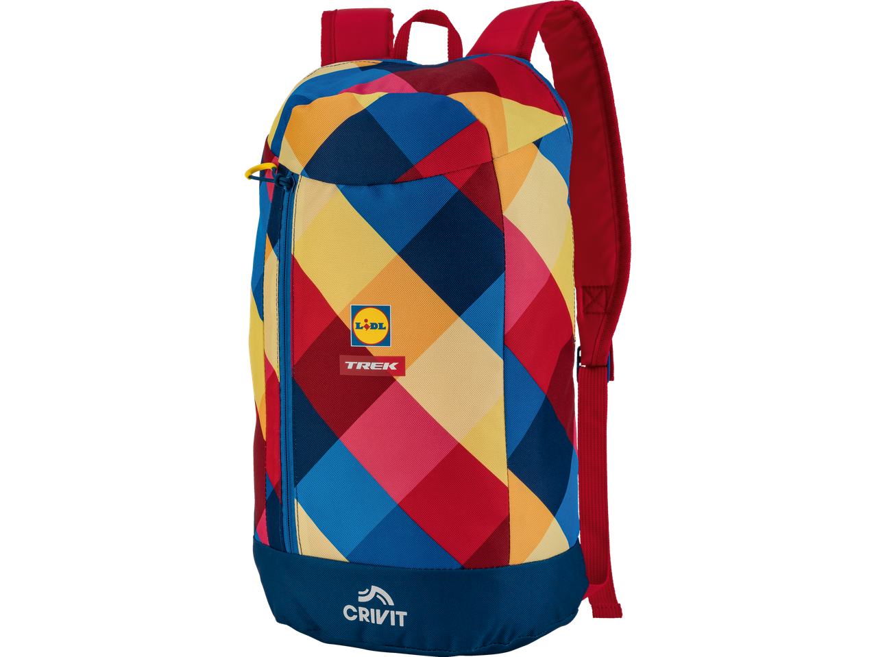 Mochila Crivit com design geométrico multicolor, patrocinada pela Lidl e Trek.