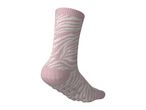 Pink and white zebra print sock with grippers on the sole.
