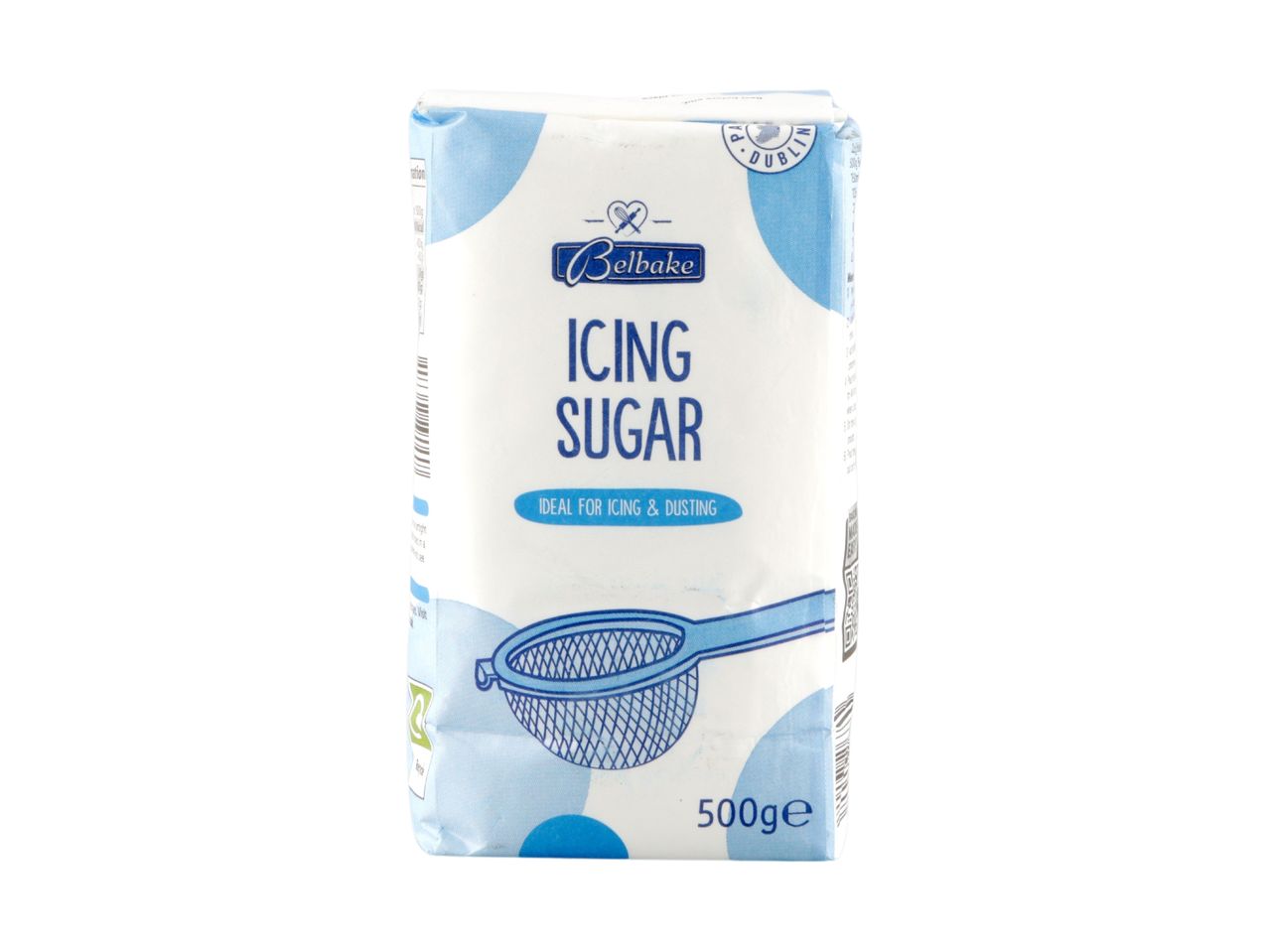 A white and blue bag of icing sugar, 500g, with a sifter graphic and text 'Ideal for icing & dusting'.