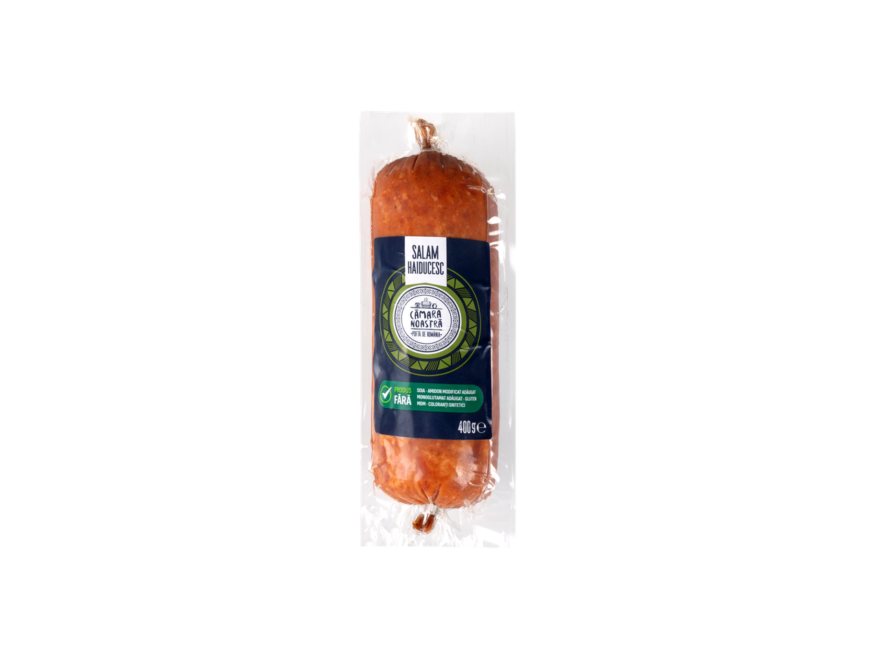 Salam haiducesc Cămara Noastră, 400g, fără soia, amidon modificat, monoglutamat, gluten, MDM, coloranți sintetici.