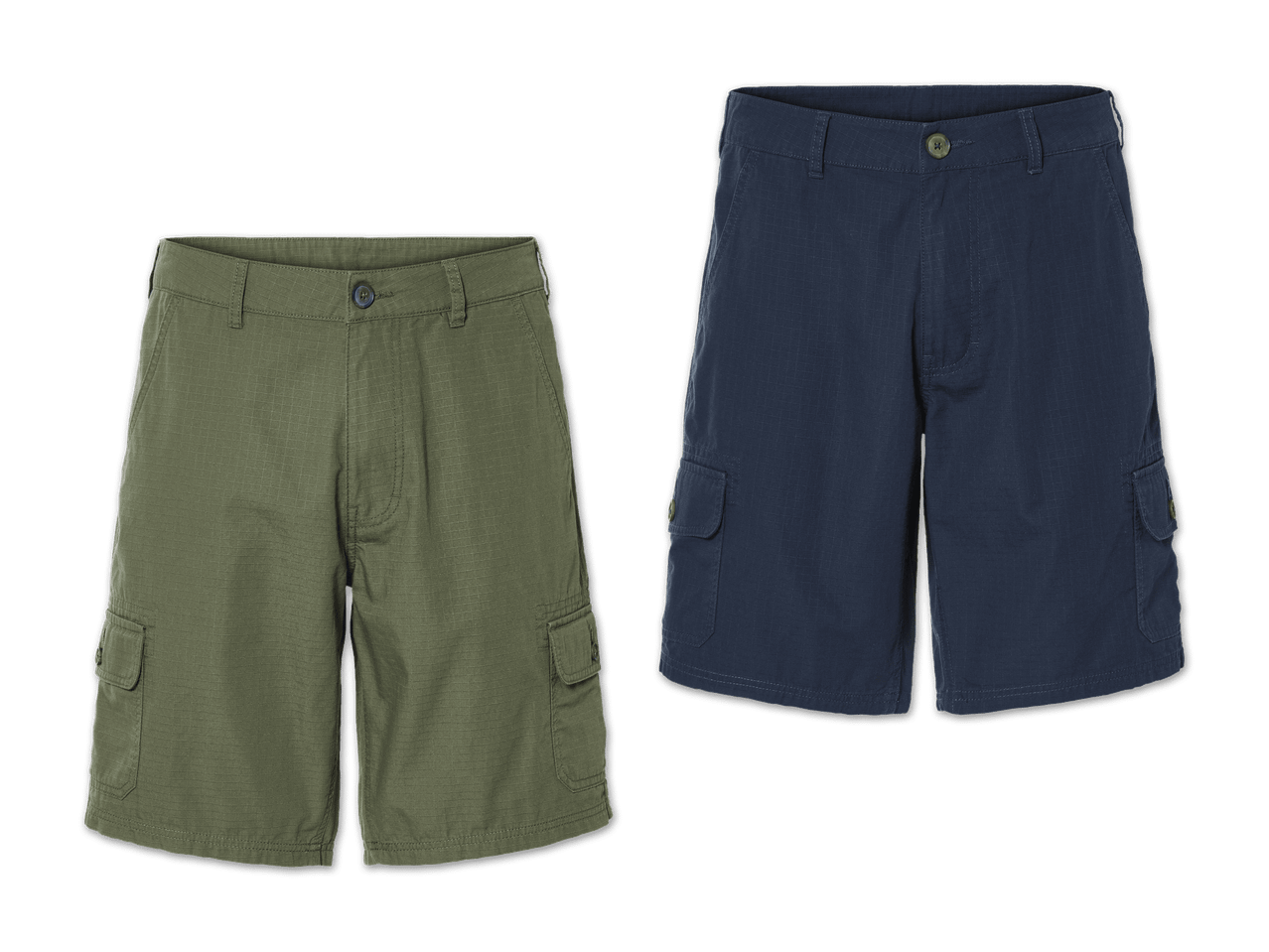 Zwei kurze Hosen, eine olivgrün und eine dunkelblau.