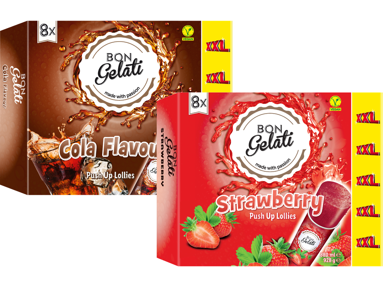 Bon Gelati XXL push-up lollies i smak av cola och jordgubb.