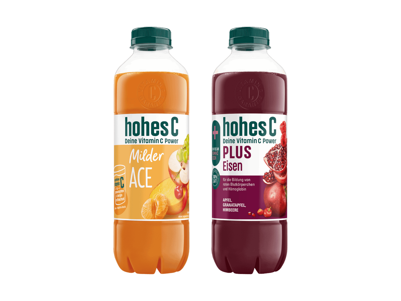 Zwei Flaschen hohes C Saft: Milder ACE und Plus Eisen mit Apfel, Granatapfel, Himbeere.