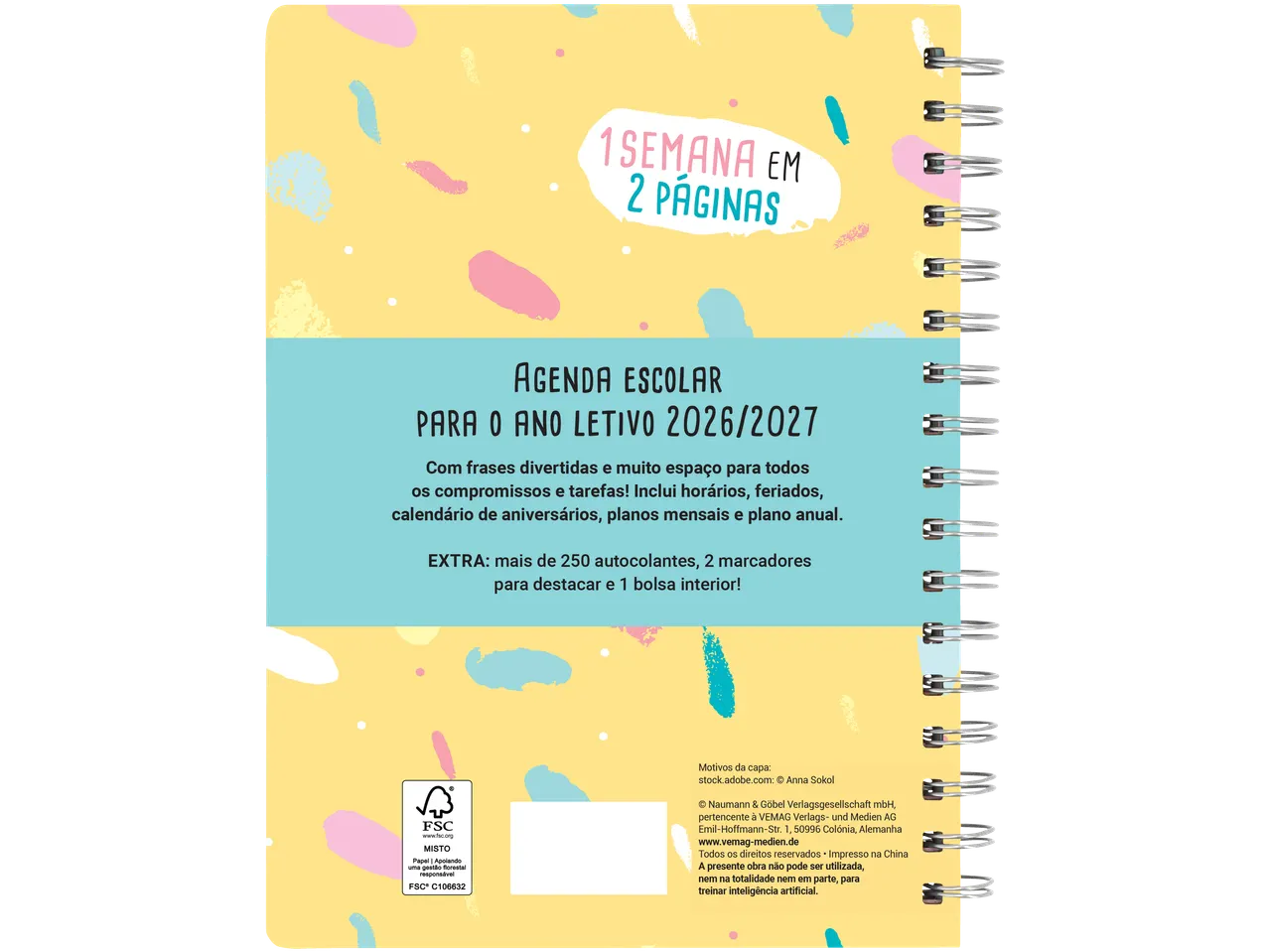Agenda escolar MAPED 2026/2027 com autocolantes e marcadores, design colorido.