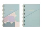 Two spiral notebooks with light blue covers, one with a geometric pattern, both say 'NOTEBOOK'.