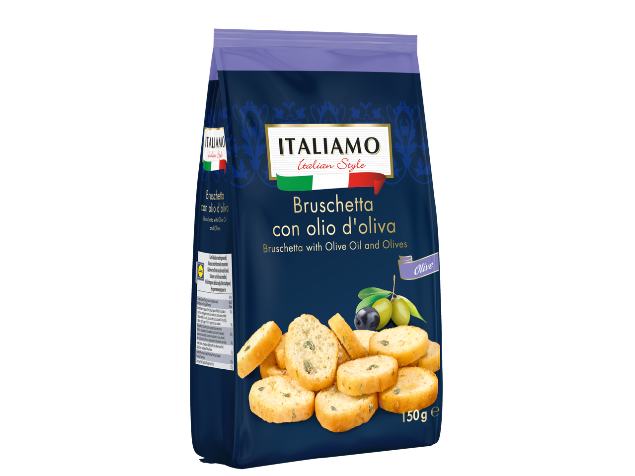 Saco de 150g de Bruschetta con olio d'oliva (bruschetta com azeite) da marca ITALIAMO.