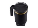 Black travel mug with a gold band and handle, viewed from above.