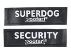 Two black ZooFari dog ID tags: one says 'SUPERDOG' and the other says 'SECURITY'.