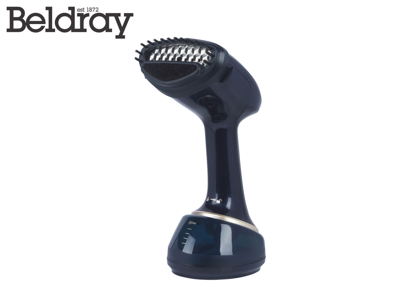 Dark blue handheld garment steamer with a brush attachment and water level indicator