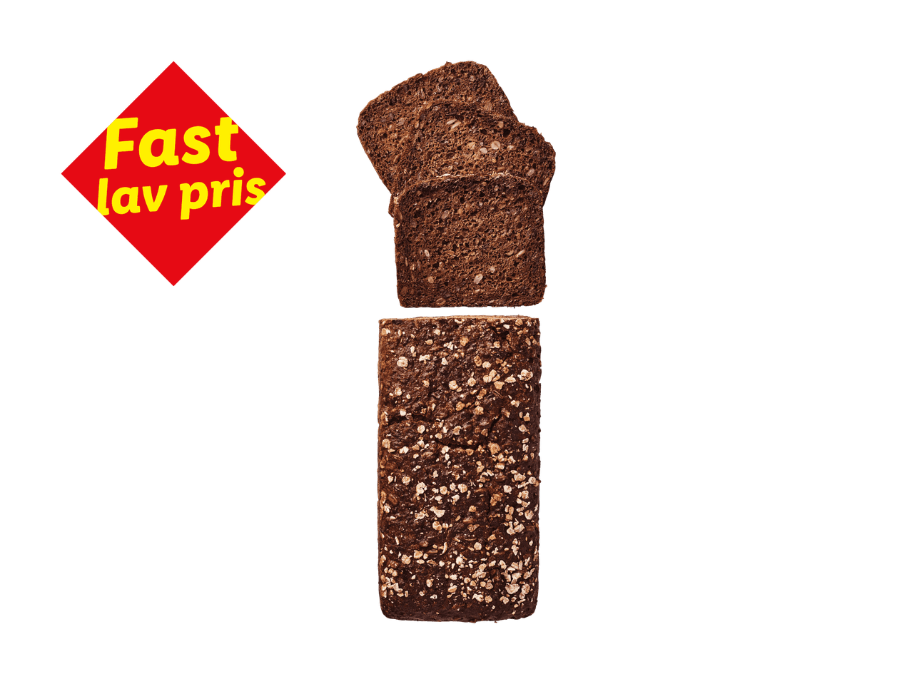 Mørkt rugbrød med kerner og havregryn, med et rødt skilt der siger 'Fast lav pris'.