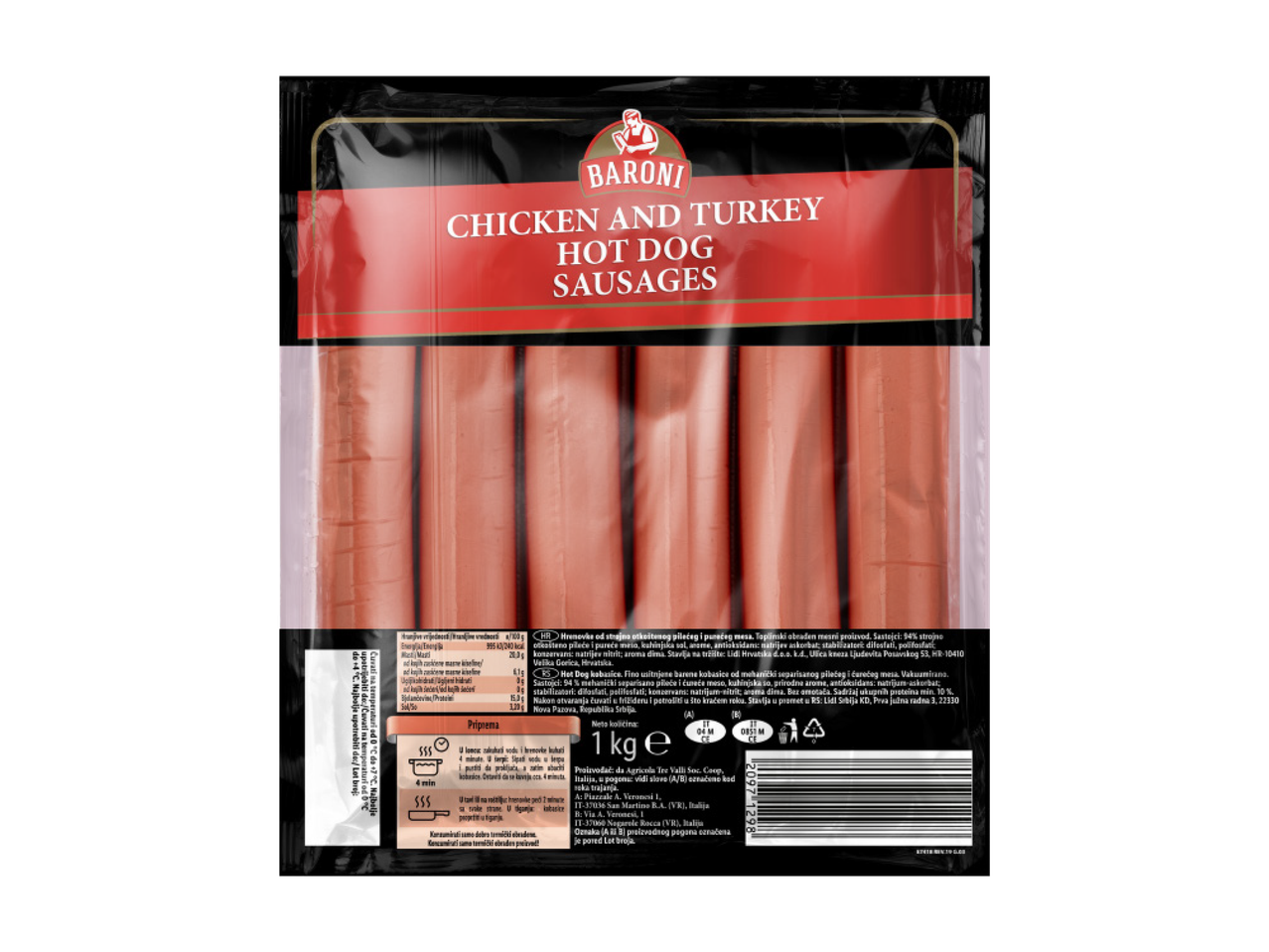 Pakovanje pilećih i ćurećih viršli sa uputstvom za pripremu i nutritivnim vrednostima.