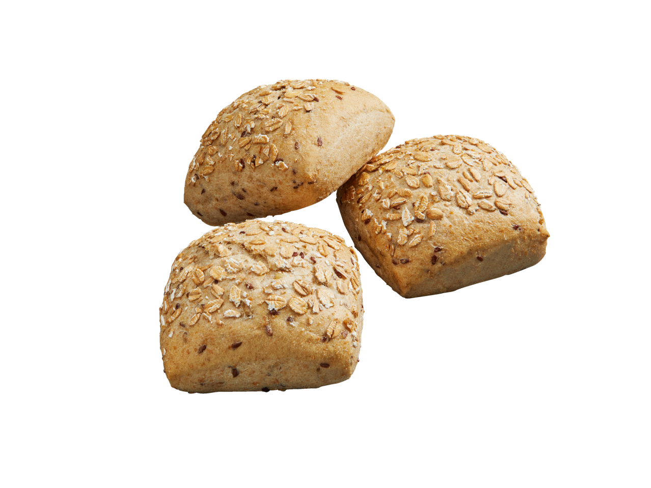 Drei Dinkelvollkornbrötchen mit Haferflocken und Saaten auf schwarzem Hintergrund.