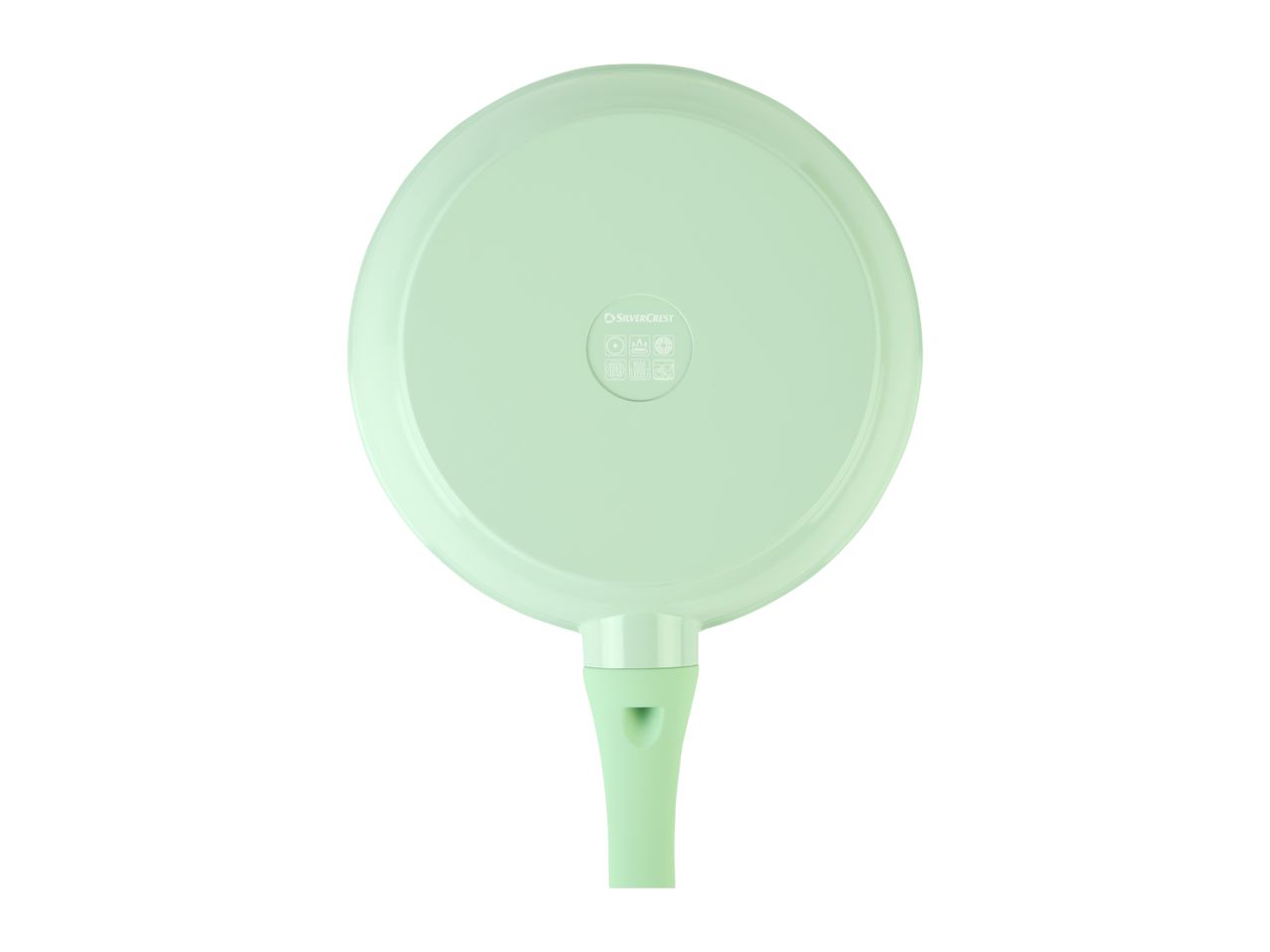 A light green SilverCrest frying pan with a handle, viewed from the bottom.