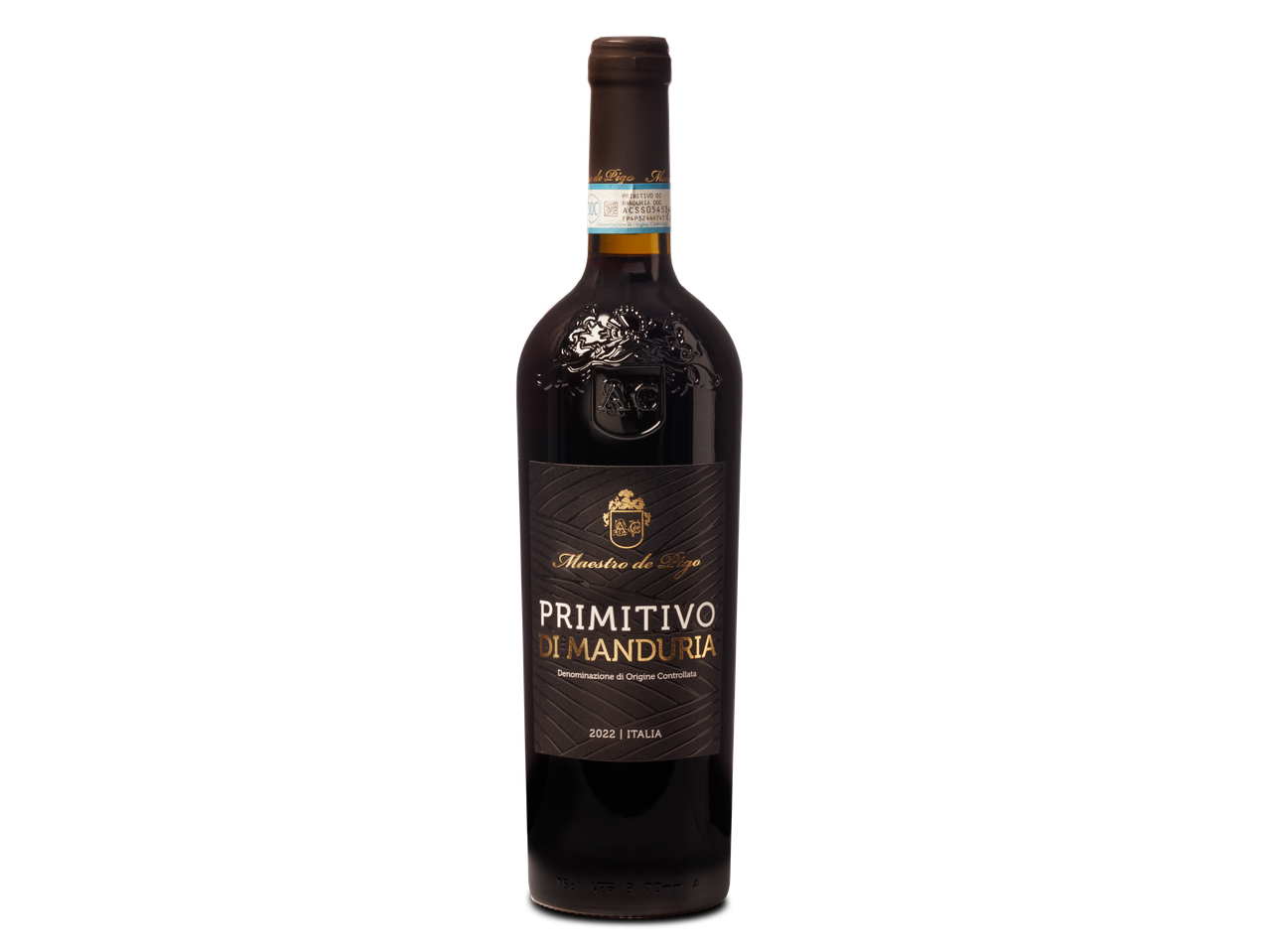 Fles Maestro di Pigo Primitivo di Manduria wijn.