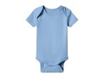Light blue short-sleeved baby bodysuit with snap closures at the crotch.