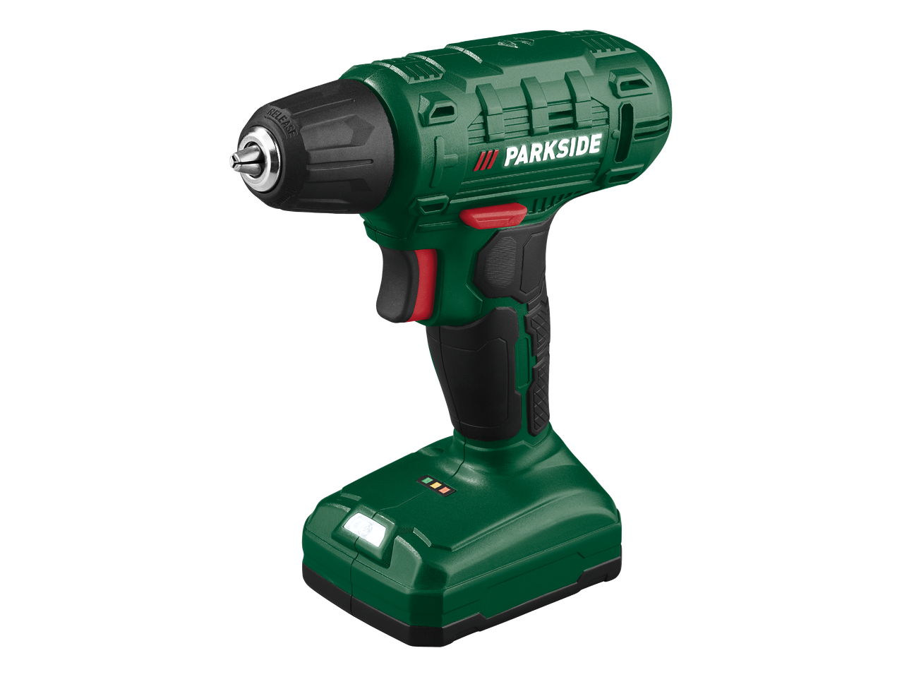 Akumulatorska bušilica-odvijač zelene boje s crnim i crvenim detaljima.