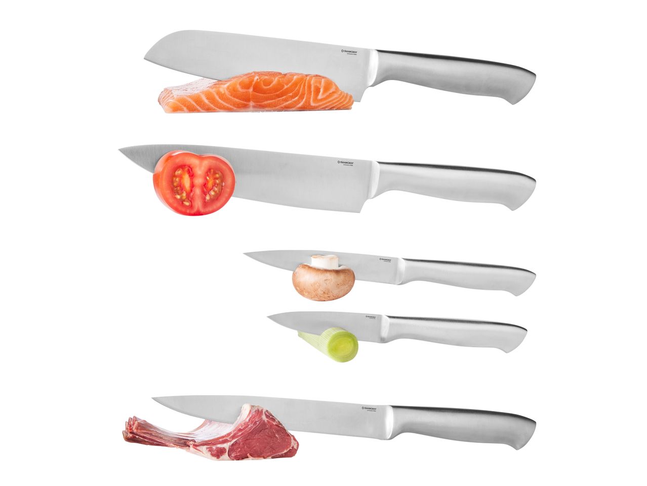 Fünf verschiedene Messer schneiden Lachs, Tomate, Pilz, Lauch und Lammfleisch.