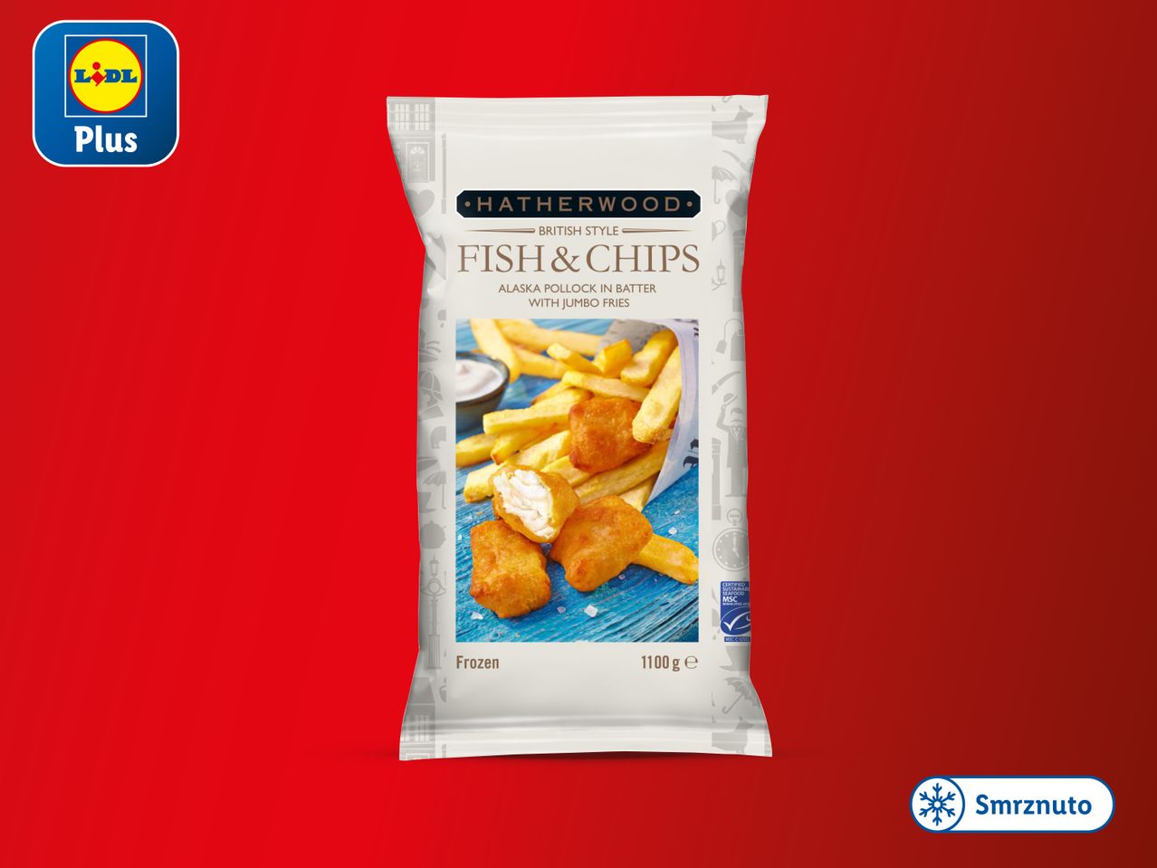 Lidl Plus zamrznuti fish & chips Hatherwood, britanski stil.