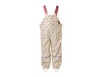 Children's cream-colored rain overalls with pink floral print and reflective stripes.