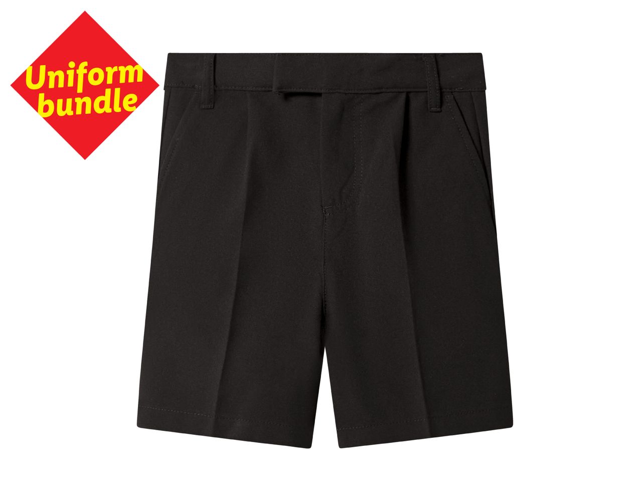 Black uniform shorts with a red diamond-shaped label that says 'Uniform bundle' in yellow text.