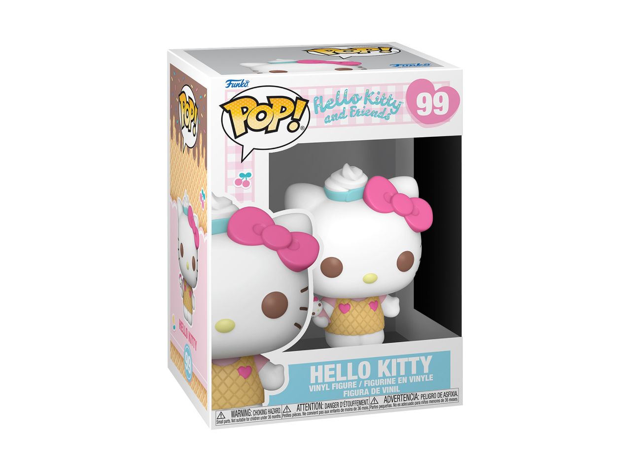 A collectible figure of a white cat character with a pink bow, wearing an ice cream cone outfit, displayed in its themed box.