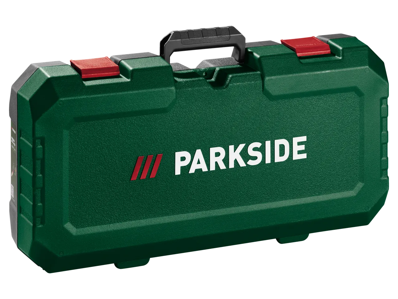 Zaļa instrumentu kaste ar melnu rokturi un sarkaniem aizbīdņiem.