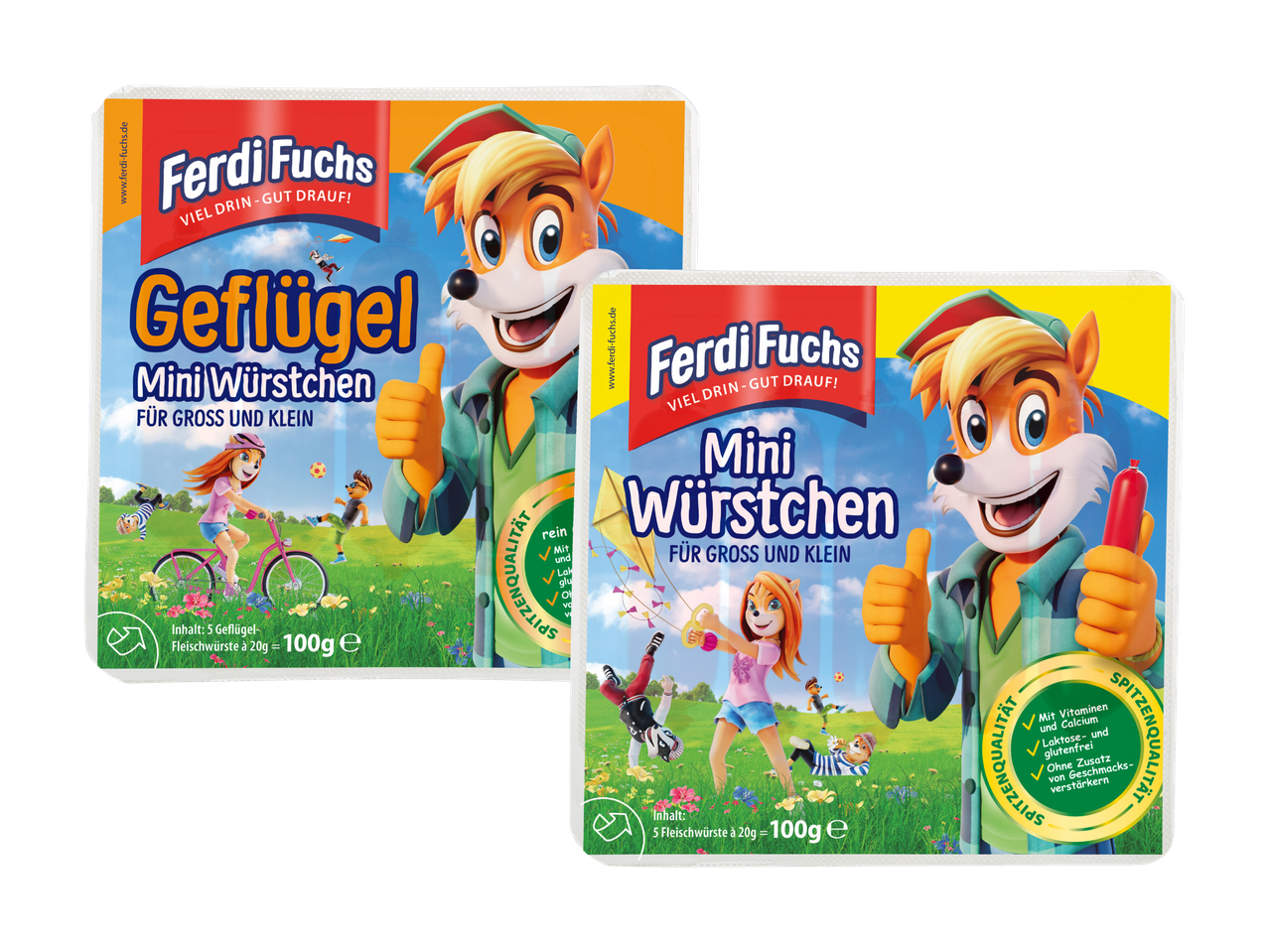 Zwei Ferdi Fuchs Mini-Würstchen-Packungen, eine mit Geflügel, die andere mit Fleischwürstchen, sind abgebildet.