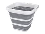Grey and white collapsible bucket with a handle, shown expanded and ready for use.