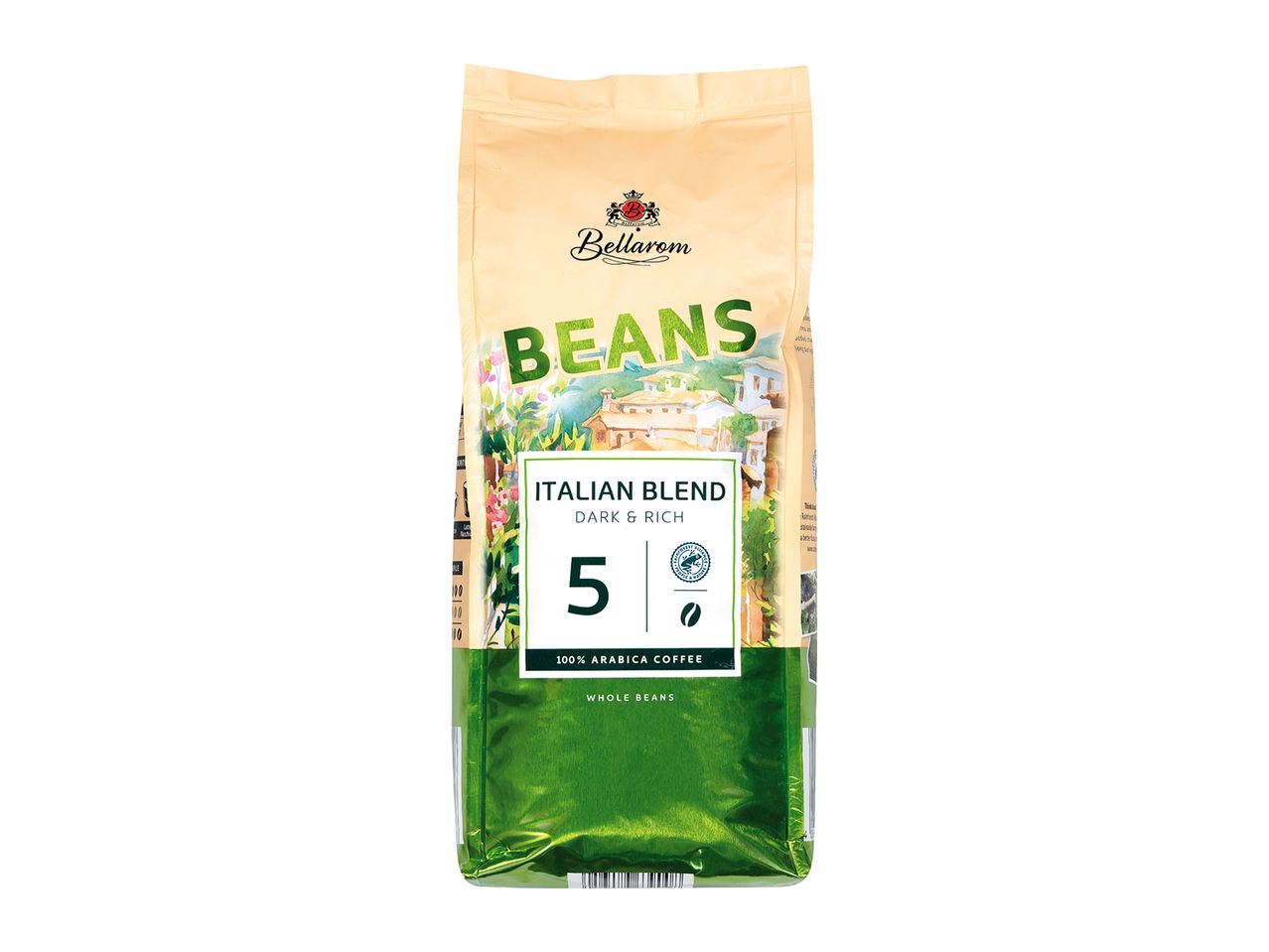 Bellarom whole bean coffee, Italian blend, dark & rich.