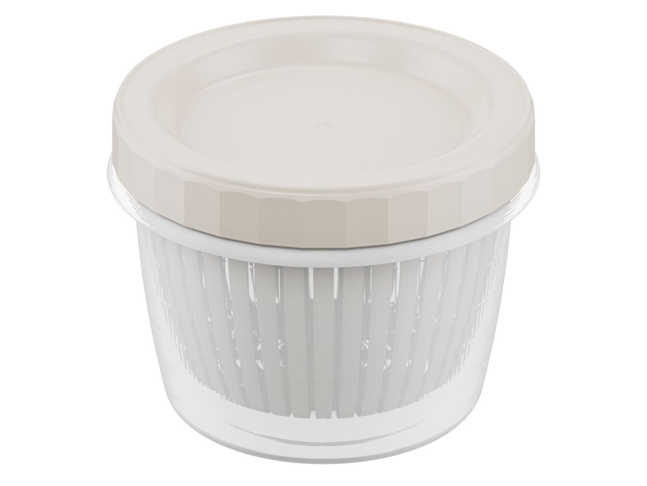 White plastic food storage container with a beige lid
