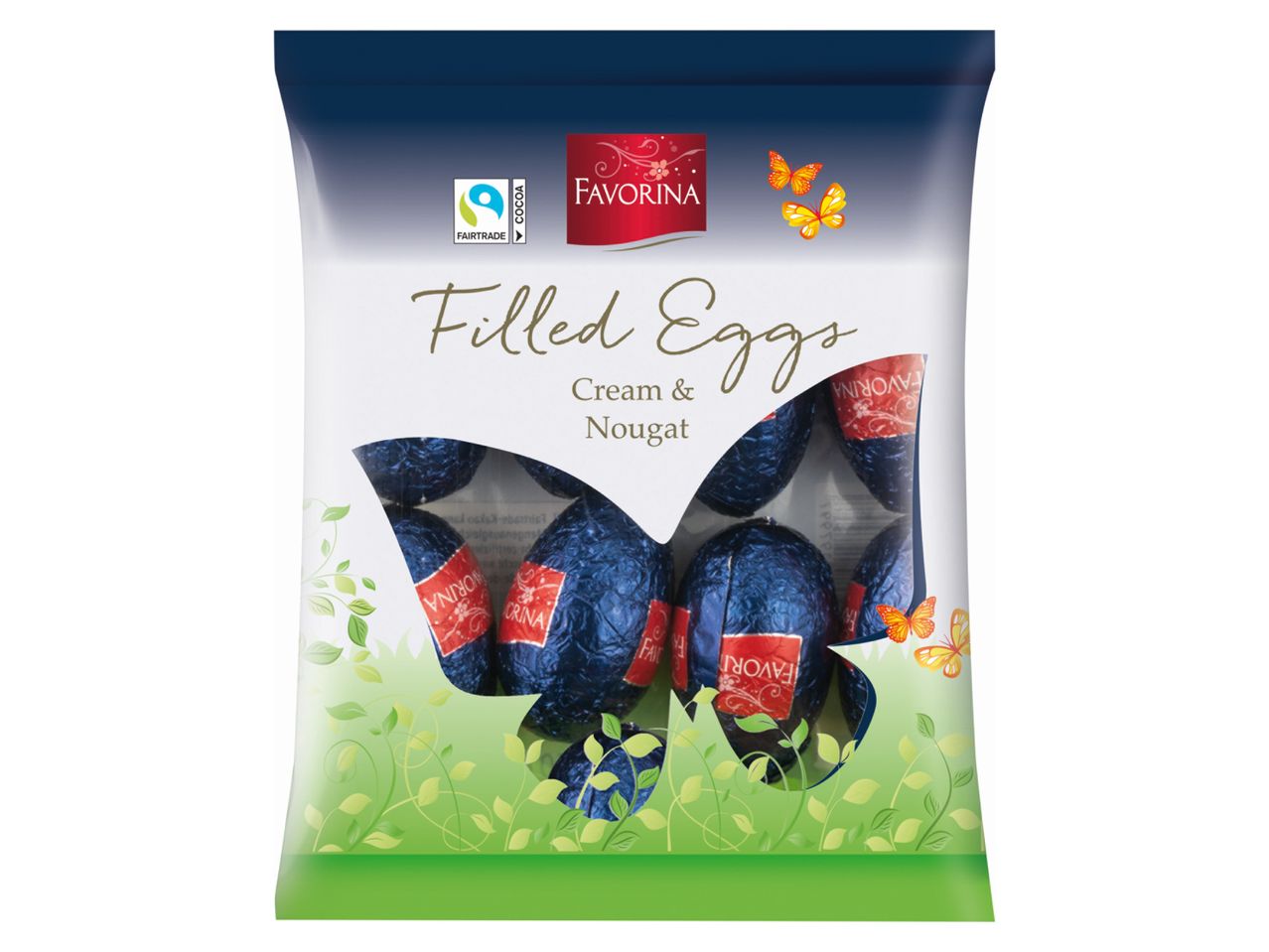 Bag of filled chocolate eggs with cream and nougat, featuring a butterfly-shaped window.
