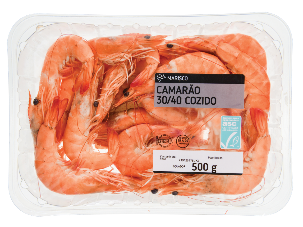 Embalagem de camarão cozido 30/40 com certificação ASC, pronto a comer.