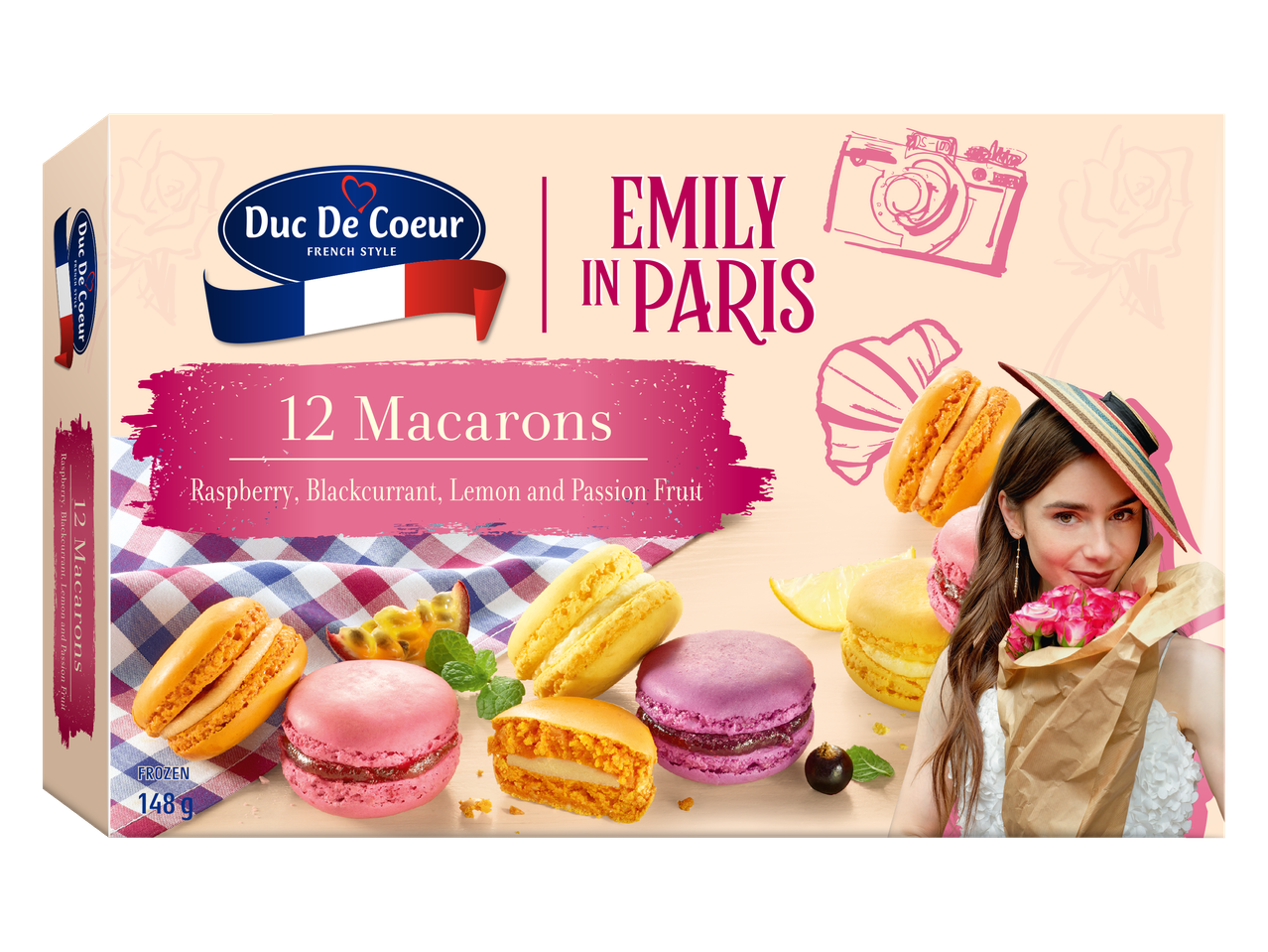 Cutie de macarons Duc De Coeur cu arome de zmeură, coacăze negre, lămâie și fructul pasiunii.