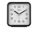 Square black and white alarm clock with large numbers and a minimalist design.