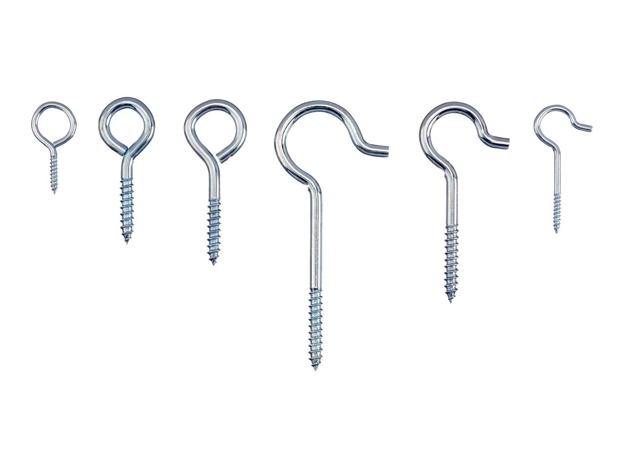 A row of various sizes of screw eyes and screw hooks on a white background.