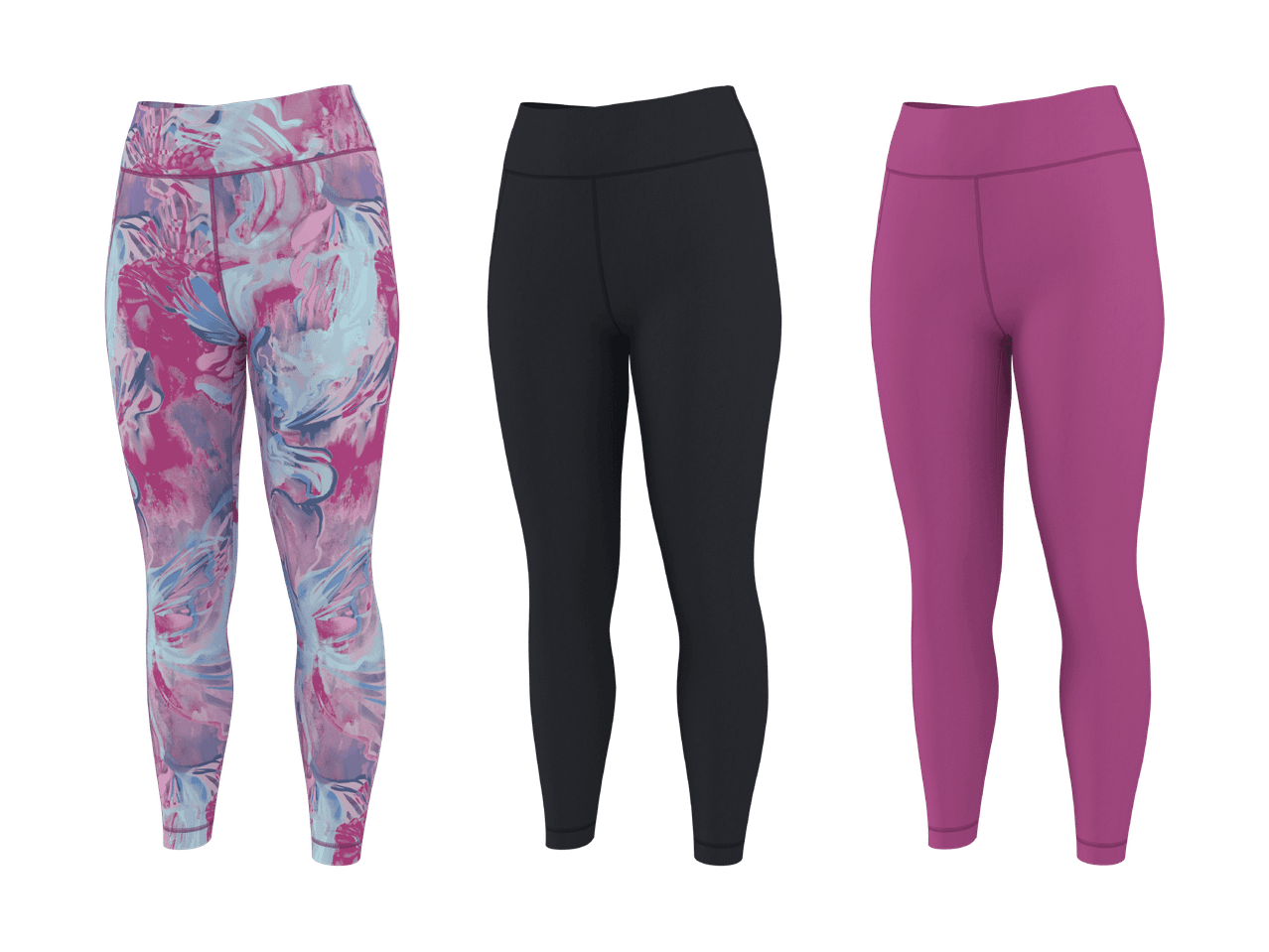 Trois leggings de sport : un à imprimé abstrait rose et bleu, un noir et un fuchsia.