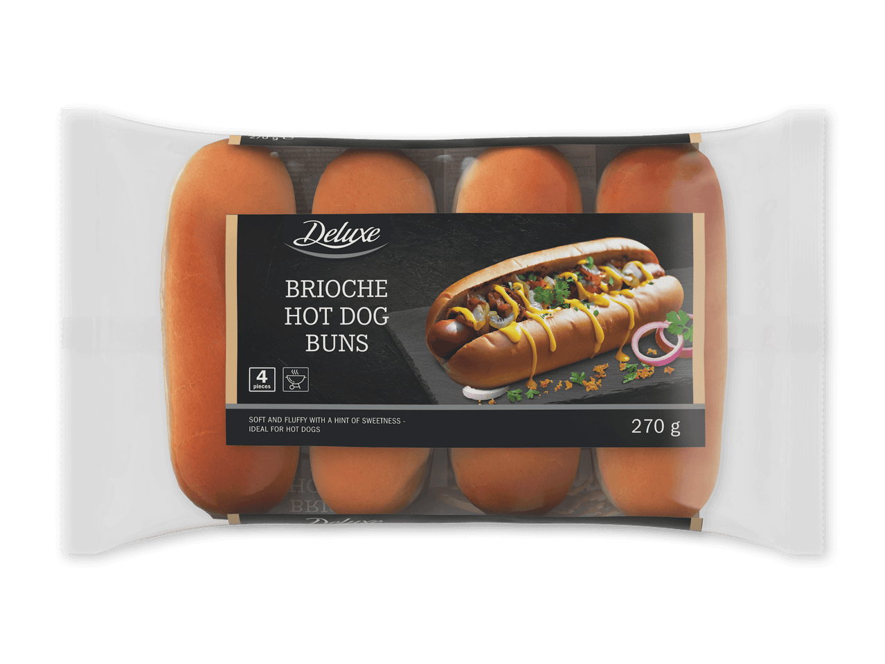 Pakke med 4 brioche hotdogbrød, bløde og luftige med et strejf af sødme.