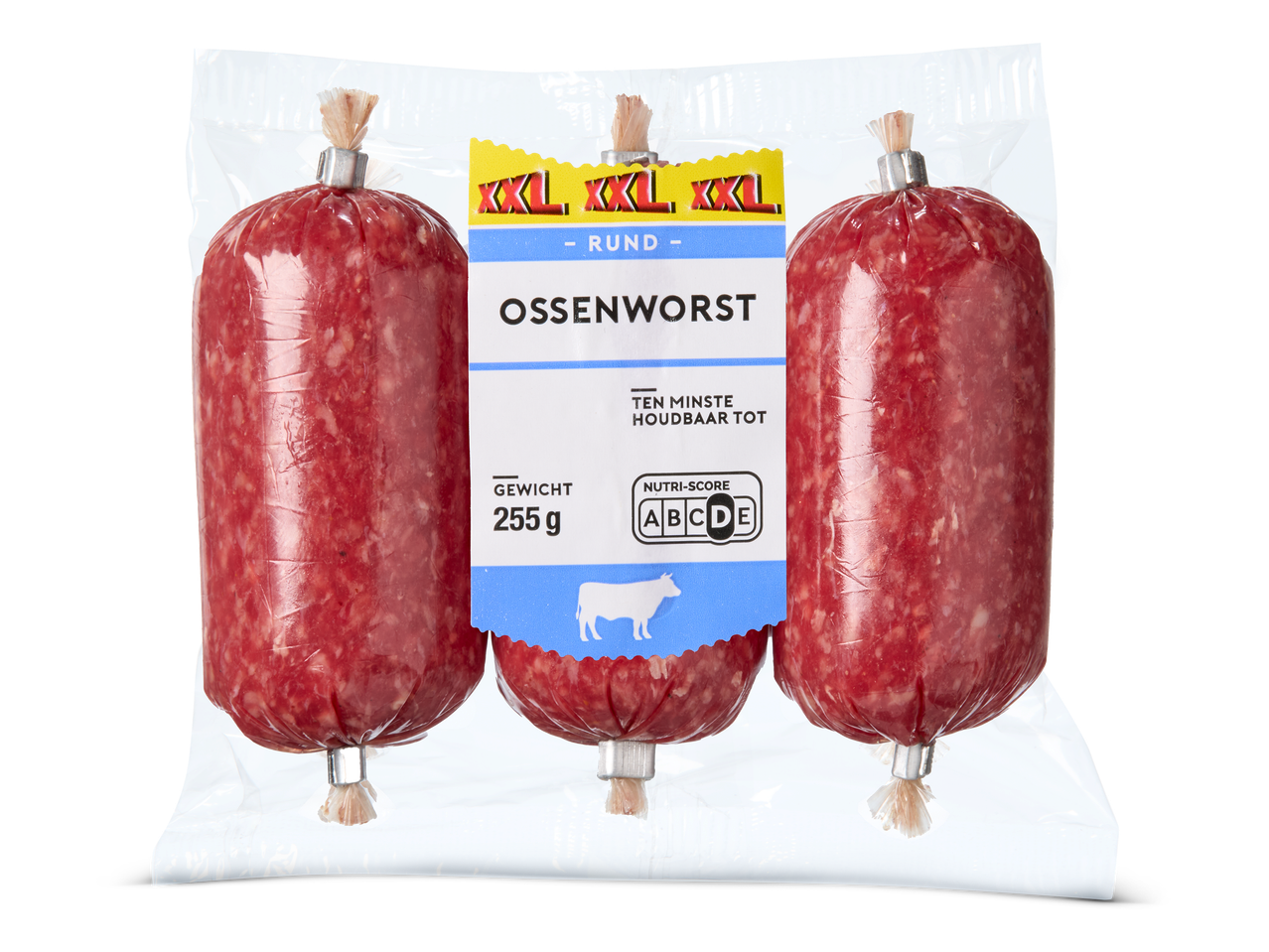 Drie XXL runderossenworsten in een verpakking van 255 gram.