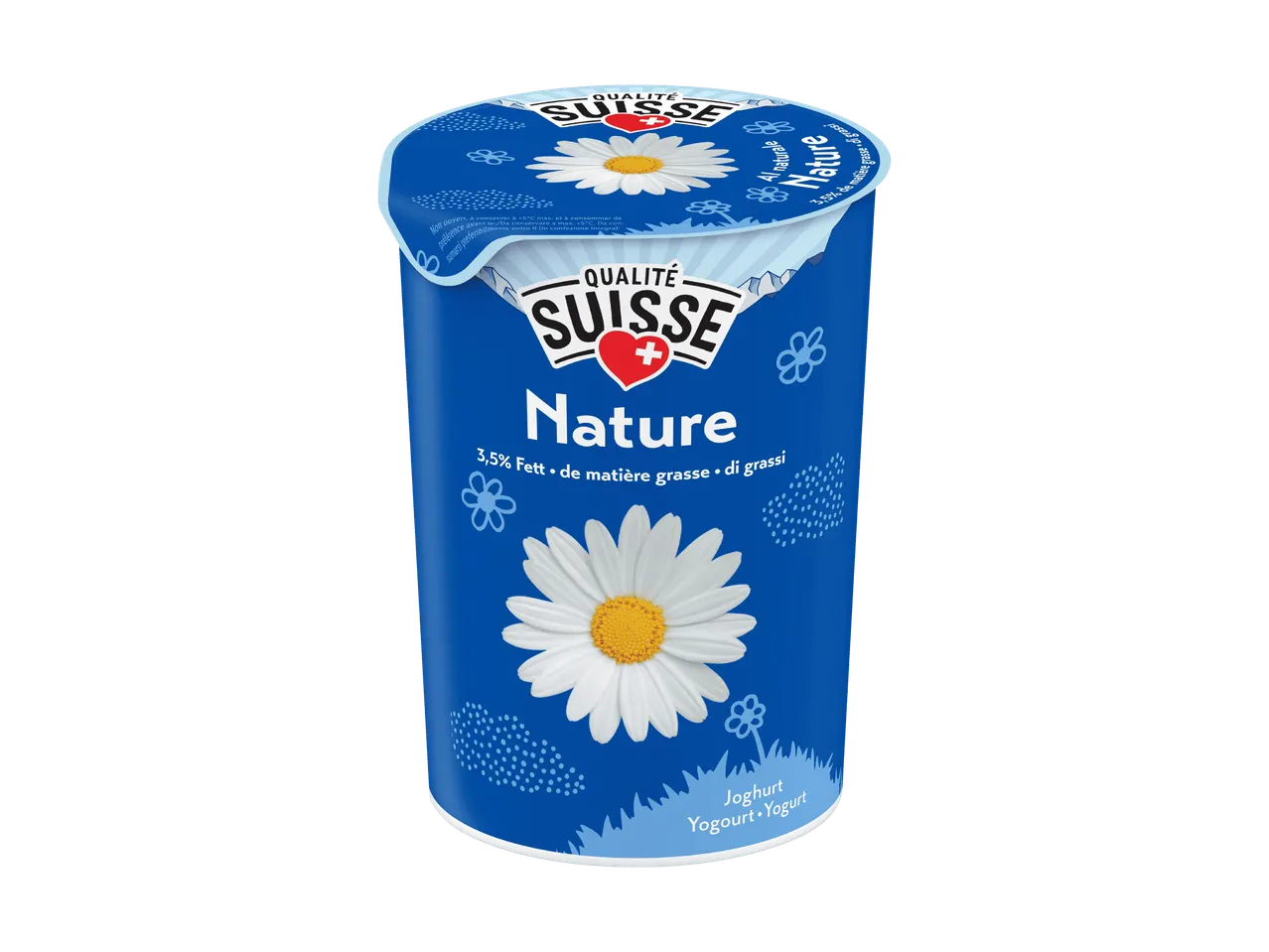 Vasetto di yogurt naturale blu con una margherita, 3,5% di grassi.