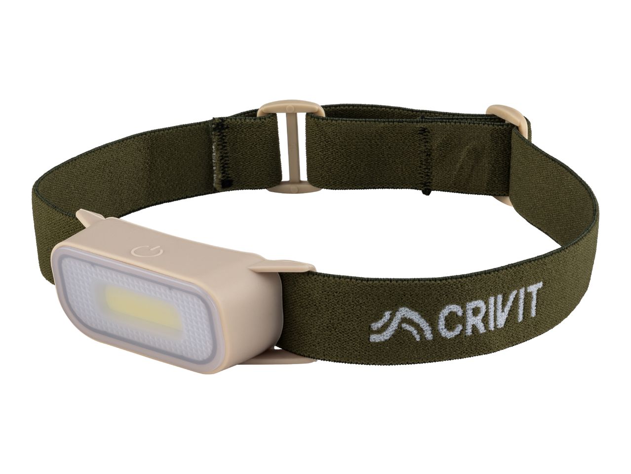 A khaki green headlamp with a beige light unit and a power button, featuring a white logo on the strap.